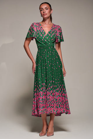 Mirrored Mesh Short Sleeve Midaxi Dress, Green Floral