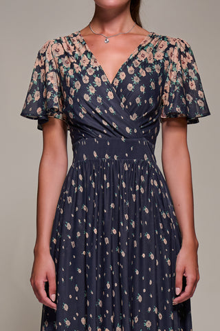 Mirrored Mesh Short Sleeve Midaxi Dress, Navy Floral