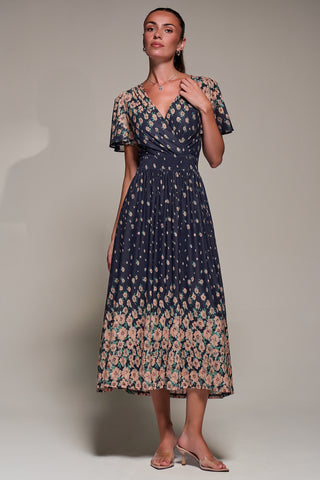 Mirrored Mesh Short Sleeve Midaxi Dress, Navy Floral