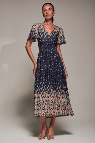 Mirrored Mesh Short Sleeve Midaxi Dress, Navy Floral