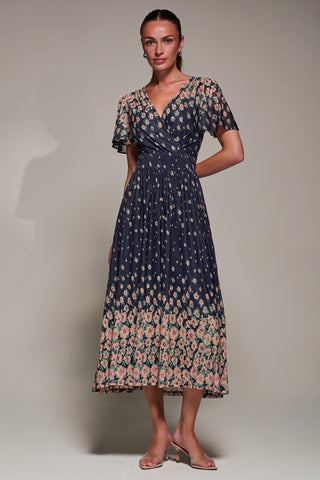 Mirrored Mesh Short Sleeve Midaxi Dress, Navy Floral