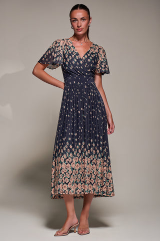 Mirrored Mesh Short Sleeve Midaxi Dress, Navy Floral