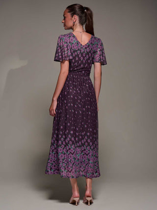 Mirrored Mesh Short Sleeve Midaxi Dress,Purple Floral