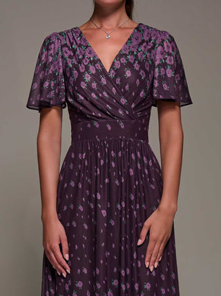 Mirrored Mesh Short Sleeve Midaxi Dress,Purple Floral