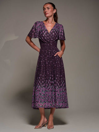 Mirrored Mesh Short Sleeve Midaxi Dress,Purple Floral