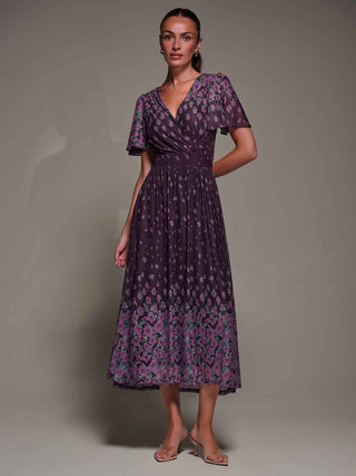 Mirrored Mesh Short Sleeve Midaxi Dress,Purple Floral