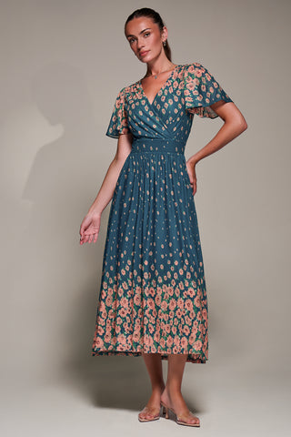 Mirrored Mesh Short Sleeve Midaxi Dress, Teal Floral