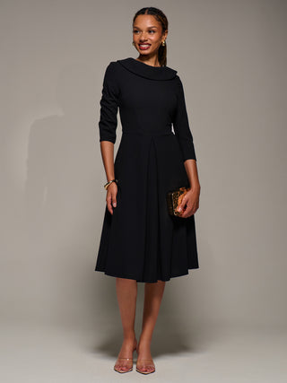 Roll Neck Lace Sleeve Fit & Flare Midi Dress, Black