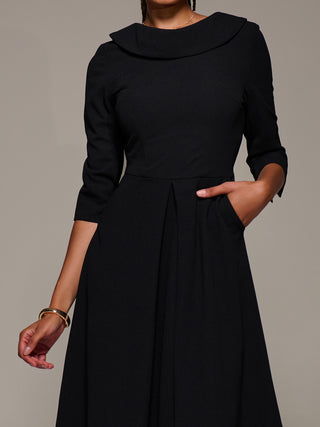 Roll Neck Lace Sleeve Fit & Flare Midi Dress, Black