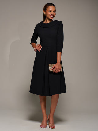 Roll Neck Lace Sleeve Fit & Flare Midi Dress, Black