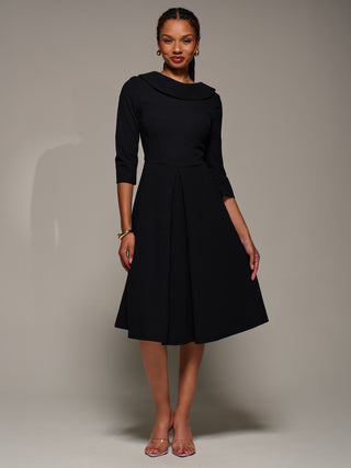 Roll Neck Lace Sleeve Fit & Flare Midi Dress, Black