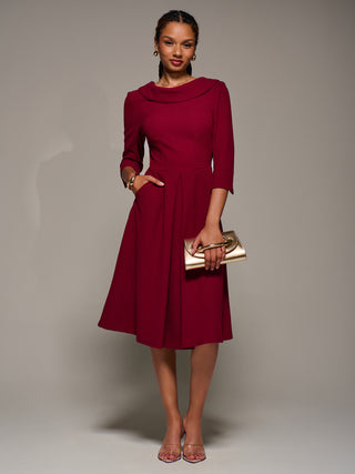 Roll Neck Lace Sleeve Fit & Flare Midi Dress, Dark Red