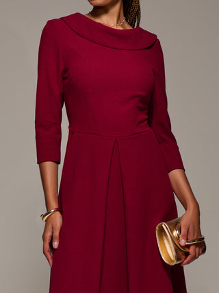 Roll Neck Lace Sleeve Fit & Flare Midi Dress, Dark Red