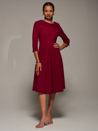 Roll Neck Lace Sleeve Fit & Flare Midi Dress, Dark Red