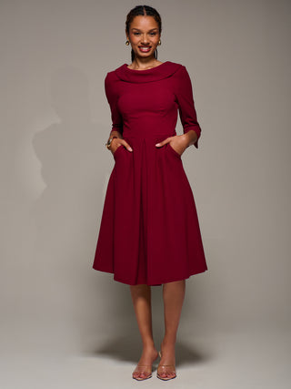 Roll Neck Lace Sleeve Fit & Flare Midi Dress, Dark Red