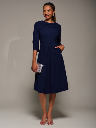 Roll Neck Lace Sleeve Fit & Flare Midi Dress, Navy