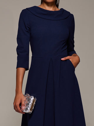 Roll Neck Lace Sleeve Fit & Flare Midi Dress, Navy