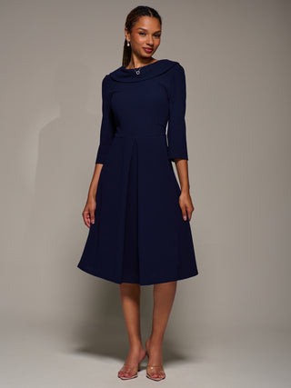 Roll Neck Lace Sleeve Fit & Flare Midi Dress, Navy