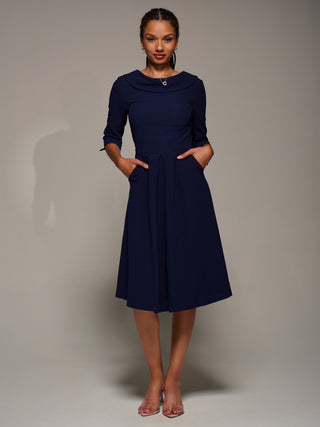 Roll Neck Lace Sleeve Fit & Flare Midi Dress, Navy