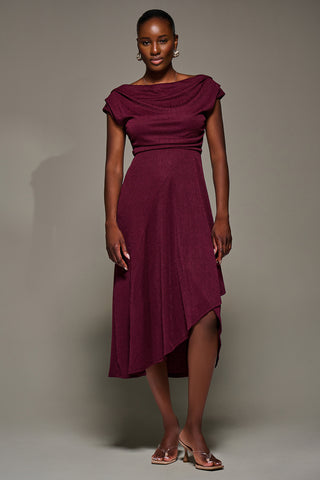 Draped Jersey Cowl Neck Midi Dress, Burgundy