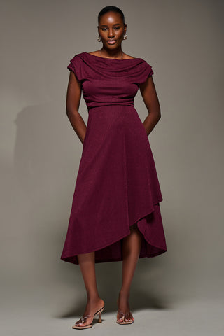 Draped Jersey Cowl Neck Midi Dress, Burgundy