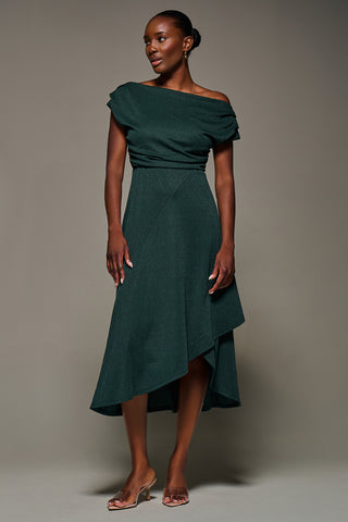 Draped Jersey Cowl Neck Midi Dress, Dark Green