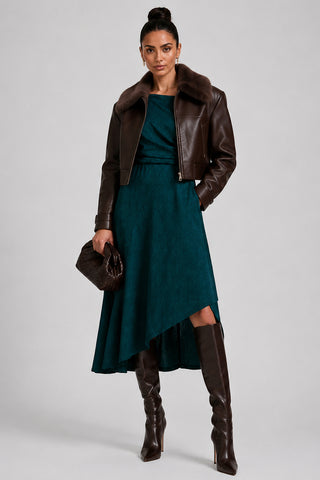 Draped Jersey Cowl Neck Midi Dress, Dark Green