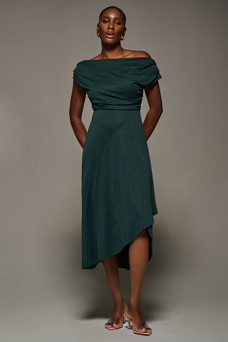 Draped Jersey Cowl Neck Midi Dress, Dark Green