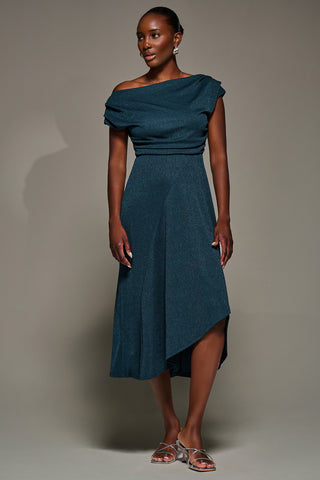 Draped Jersey Cowl Neck Midi Dress, Dark Teal