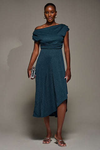 Draped Jersey Cowl Neck Midi Dress, Dark Teal
