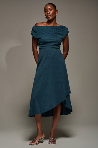 Draped Jersey Cowl Neck Midi Dress, Dark Teal