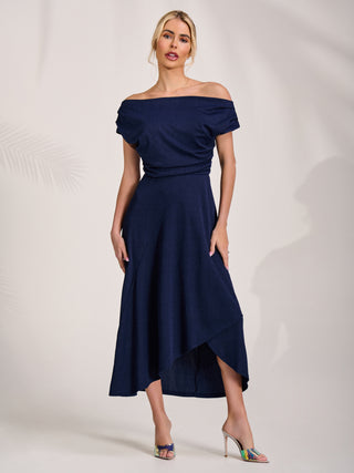 Draped Jersey Cowl Neck Midi Dress, Navy