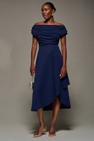 Draped Jersey Cowl Neck Midi Dress, Navy