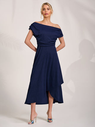 Draped Jersey Cowl Neck Midi Dress, Navy