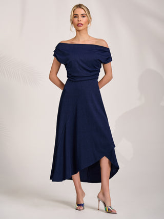 Draped Jersey Cowl Neck Midi Dress, Navy
