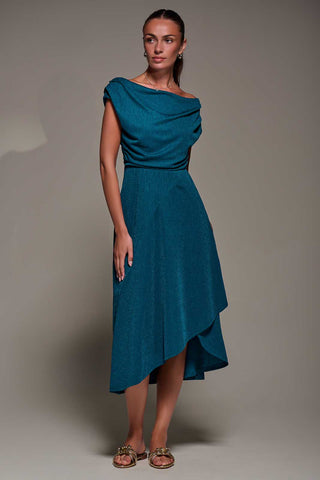 Draped Jersey Cowl Neck Midi Dress, Teal Blue