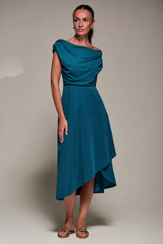 Draped Jersey Cowl Neck Midi Dress, Teal Blue