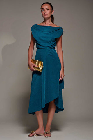 Draped Jersey Cowl Neck Midi Dress, Teal Blue