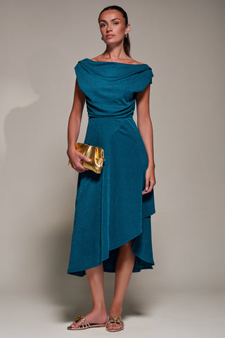 Draped Jersey Cowl Neck Midi Dress, Teal Blue