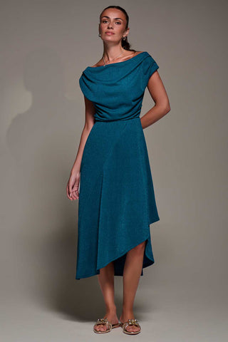 Draped Jersey Cowl Neck Midi Dress, Teal Blue