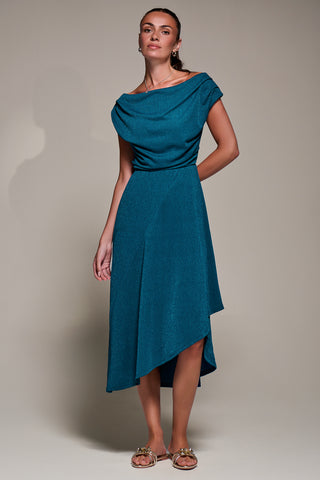 Draped Jersey Cowl Neck Midi Dress, Teal Blue