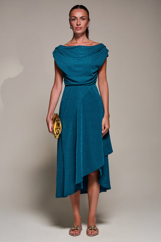 Draped Jersey Cowl Neck Midi Dress, Teal Blue