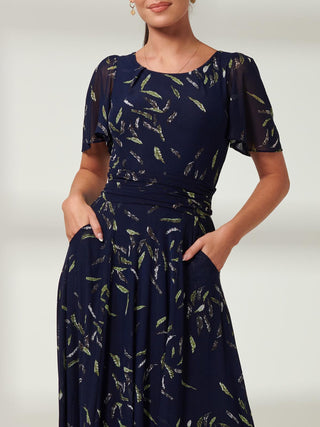 Floral Print, Mesh Maxi Dress, Navy Leafy, Short Sleeve Dress, Angel Sleeve, Close up Image 