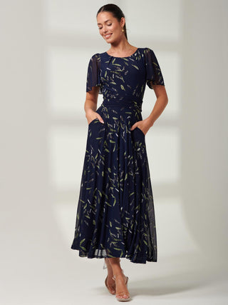 Floral Print, Mesh Maxi Dress, Navy Leafy, Short Sleeve Dress, Angel Sleeve, Self Tie Waist, Wrap Dress