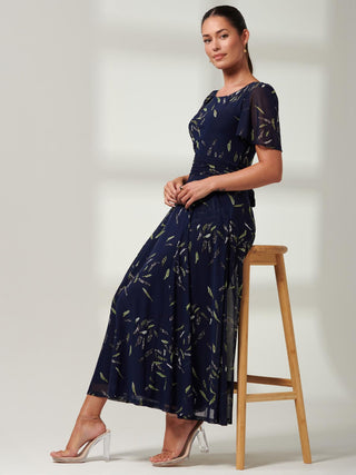 Floral Print, Mesh Maxi Dress, Navy Leafy, Short Sleeve Dress, Angel Sleeve, Side Image