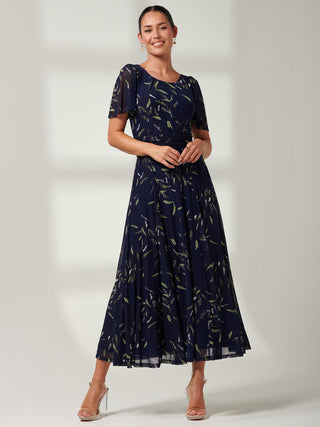 Floral Print, Mesh Maxi Dress, Navy Leafy, Short Sleeve Dress, Front Image