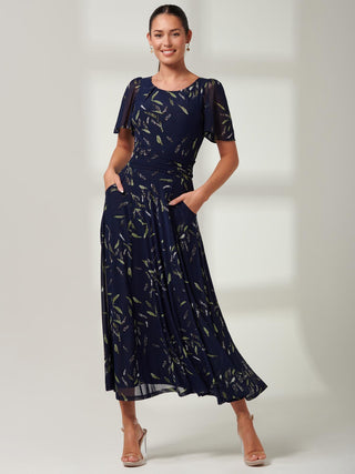 Elvira Print Mesh Maxi Dress, Navy Leafy, Short Angel Sleeve, Self Tie Waist, Flowy Dress, Front Side