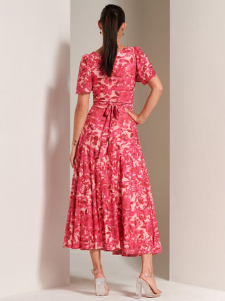 Floral Print Mesh Maxi Dress, Pink Multi, Short Sleeve Dress, Angel Sleeves, Self Tie Waist, Pink Summer Dress, Back Side