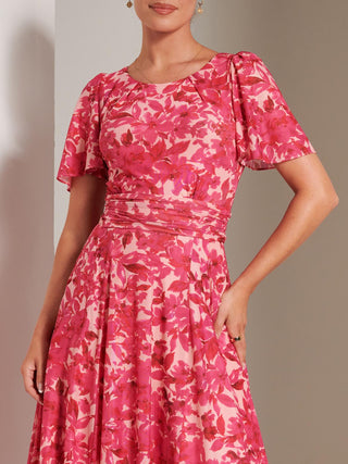 Floral Print Mesh Maxi Dress, Pink Multi, Short Sleeve Dress, Angel Sleeves, Self Tie Waist, Pink Summer Dress, Close up Image