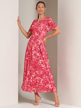 Floral Print Mesh Maxi Dress, Pink Multi, Short Sleeve Dress, Angel Sleeves, Self Tie Waist, Pink Summer Dress, Side Image